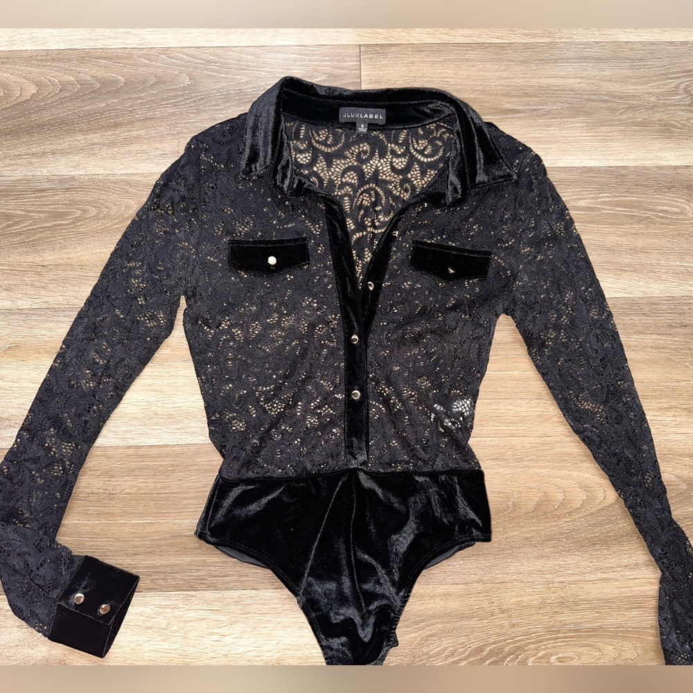 JLUXLABEL Black Lace/Velvet Bodysuit